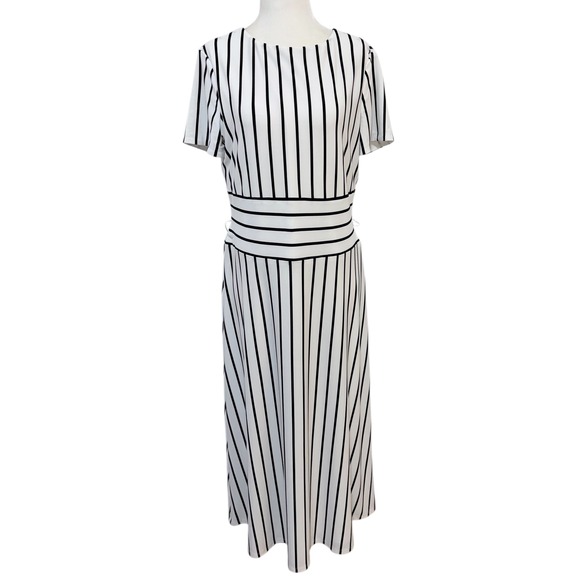 Lauren Ralph‎ Lauren Size 10 Black White Stripe Midi Dress Short Sleeve - Picture 2 of 9